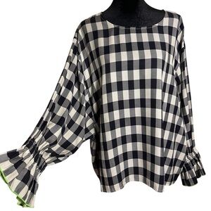 Essentiel Antwerp Cottagecore Navy & Cream Gingham Blouson Sleeve Blouse 40 (8)